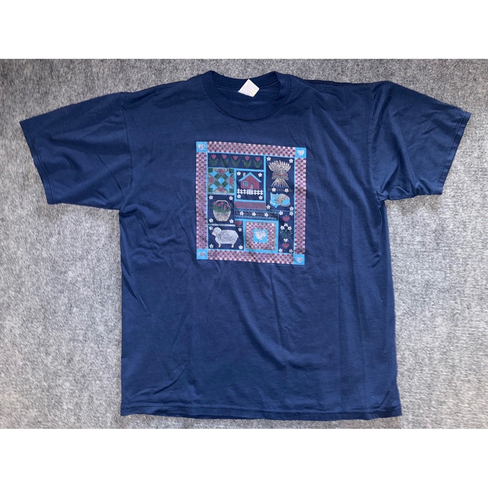 Vintage Jerzees Patchwork Graphic T-Shirt Navy Blue Grandmacore XL Made in USA